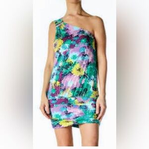 Y2K BCBGMaxAzria Slinky One Shoulder Digital Splatter Mini Dress TB1